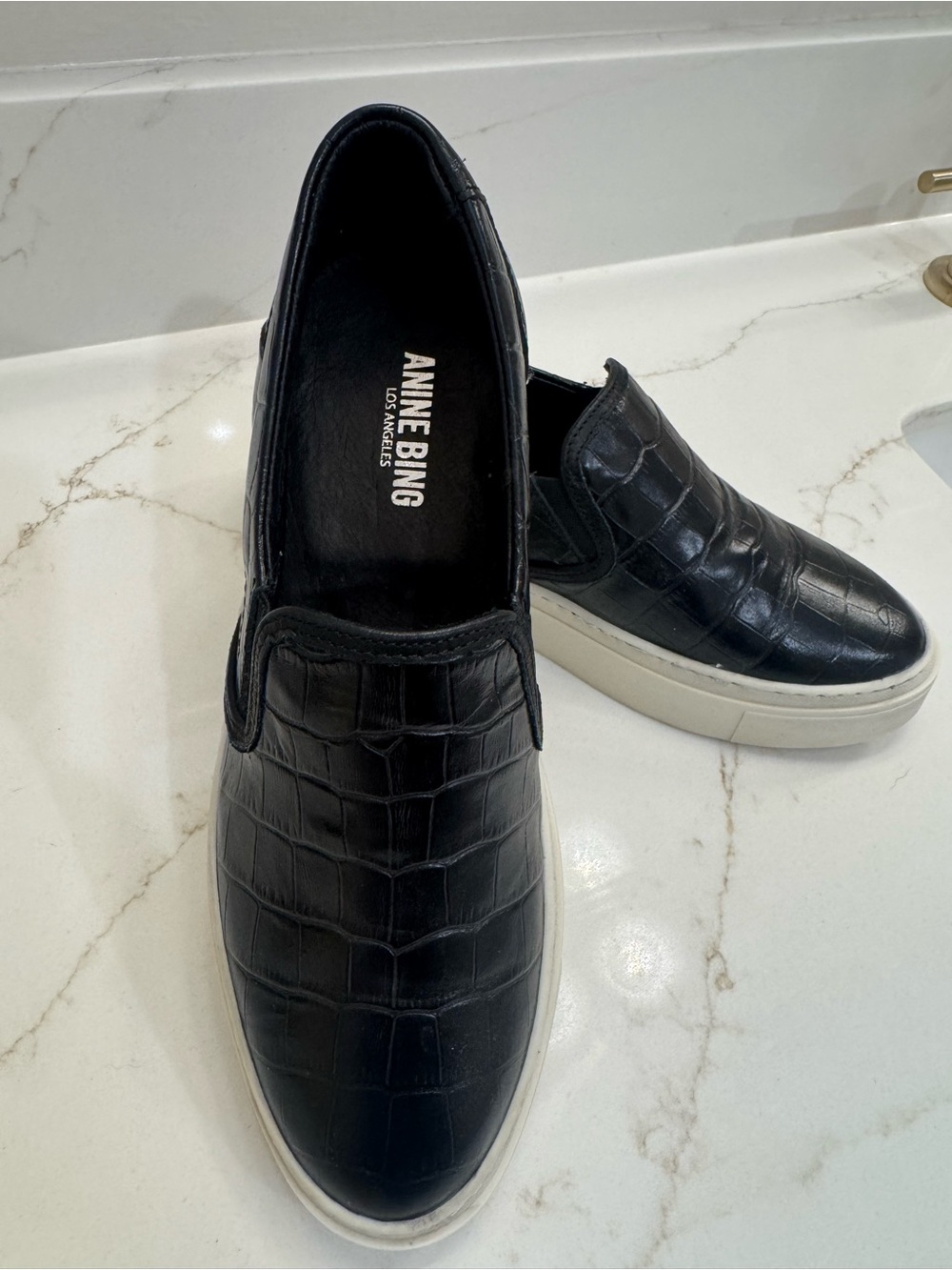 ANINE BING Black Croc-Embossed Slip-On Sneakers with White Sole